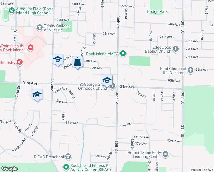 map of restaurants, bars, coffee shops, grocery stores, and more near 2900 31st Avenue in Rock Island