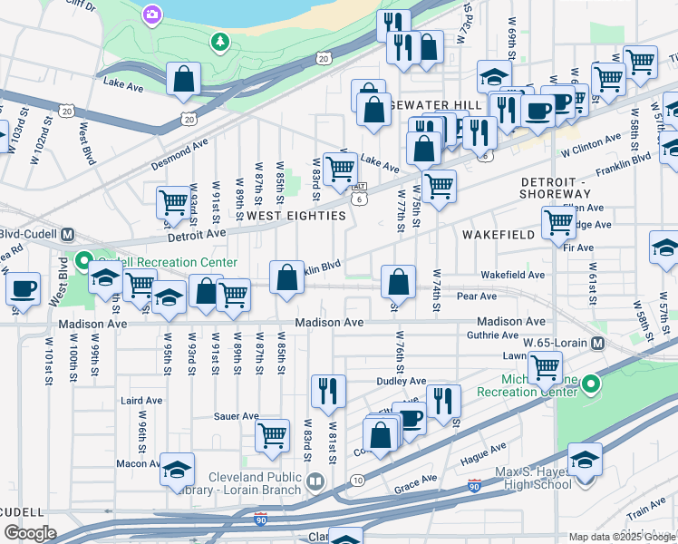 map of restaurants, bars, coffee shops, grocery stores, and more near in Cleveland