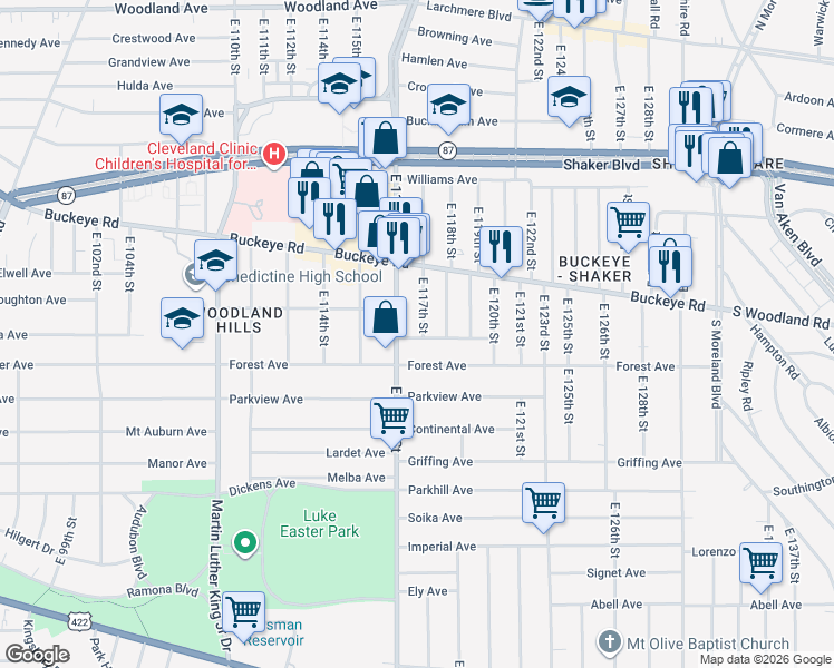 map of restaurants, bars, coffee shops, grocery stores, and more near 2936 East 117th Street in Cleveland