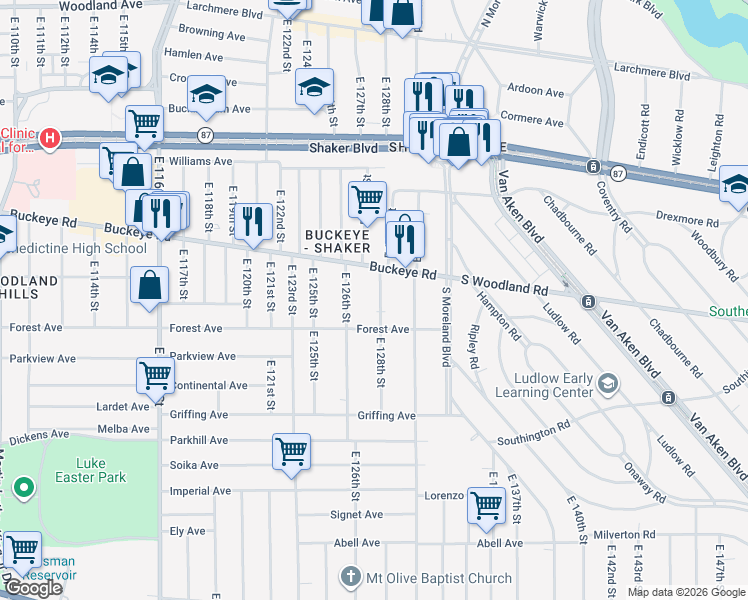map of restaurants, bars, coffee shops, grocery stores, and more near 12704 Buckeye Road in Cleveland