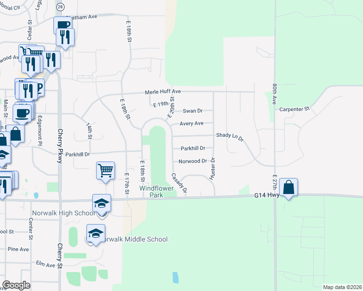 map of restaurants, bars, coffee shops, grocery stores, and more near 2110 Shady Lane Drive in Norwalk