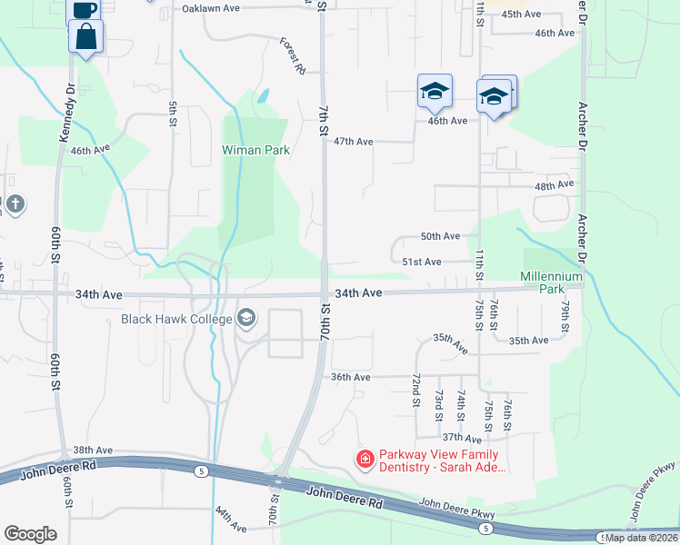 map of restaurants, bars, coffee shops, grocery stores, and more near 706 51st Avenue in East Moline