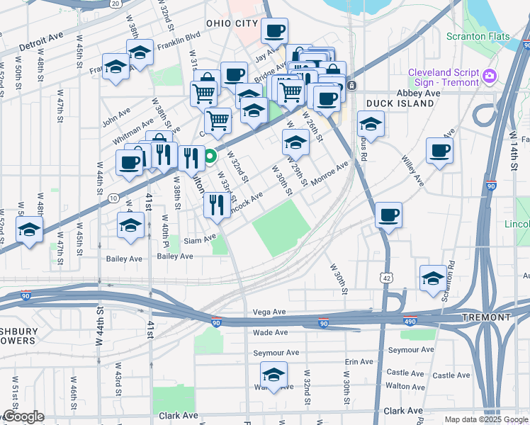 map of restaurants, bars, coffee shops, grocery stores, and more near West 32nd Street in Cleveland