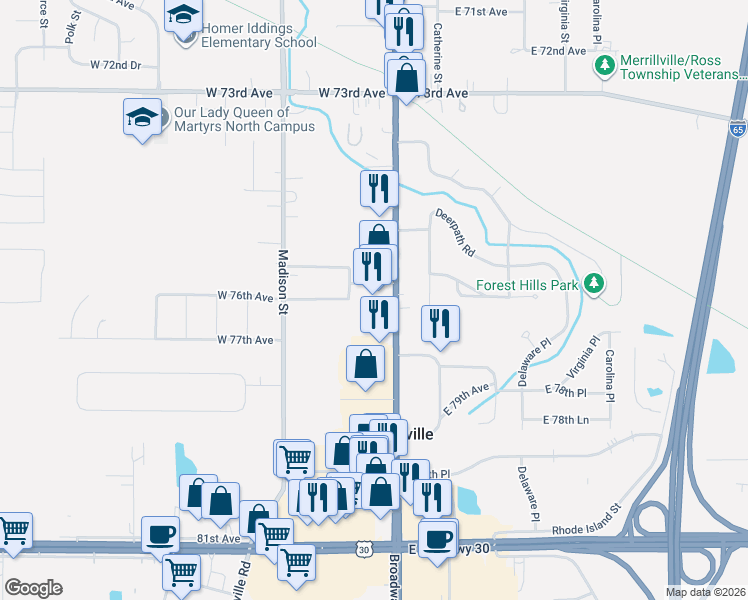 map of restaurants, bars, coffee shops, grocery stores, and more near 197 West 76th Avenue in Merrillville