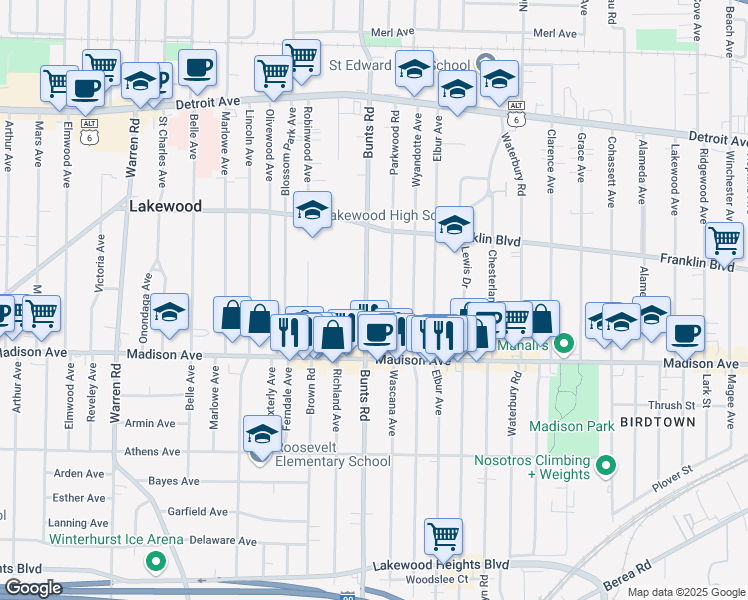 map of restaurants, bars, coffee shops, grocery stores, and more near 1635 Bunts Road in Lakewood