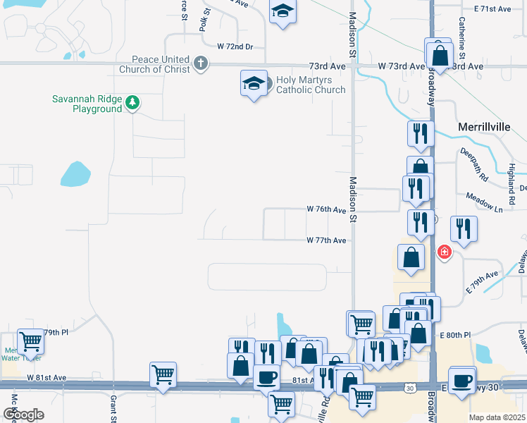map of restaurants, bars, coffee shops, grocery stores, and more near 7617 Harrison Street in Merrillville