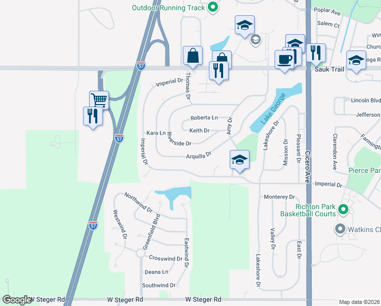 map of restaurants, bars, coffee shops, grocery stores, and more near 5210 Arquilla Drive in Richton Park