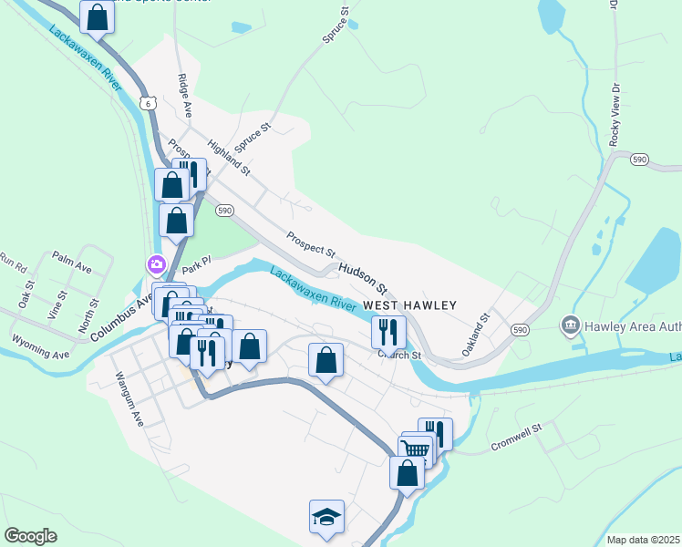 map of restaurants, bars, coffee shops, grocery stores, and more near 555 Prospect Street in Hawley