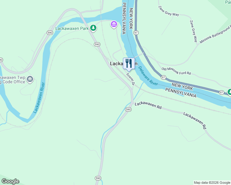 map of restaurants, bars, coffee shops, grocery stores, and more near 712 Pennsylvania 590 in Lackawaxen