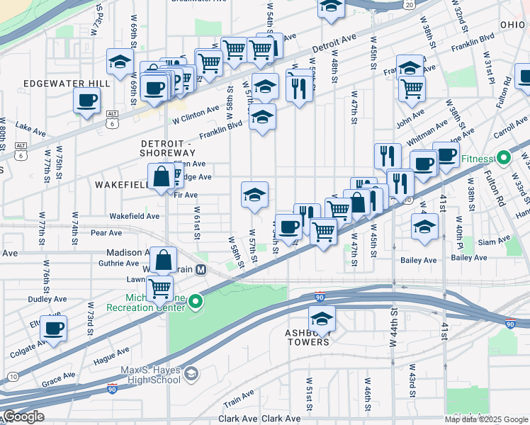 map of restaurants, bars, coffee shops, grocery stores, and more near 1930 West 54th Street in Cleveland