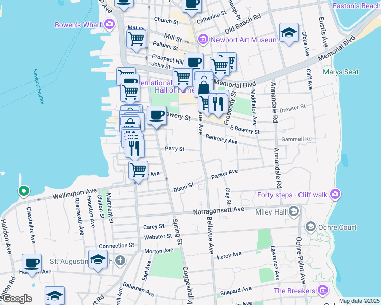 map of restaurants, bars, coffee shops, grocery stores, and more near 67 Perry Street in Newport