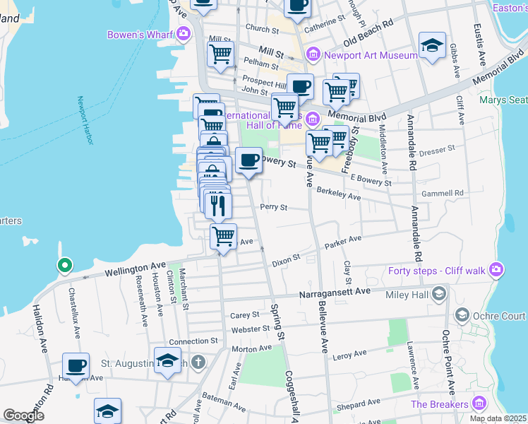 map of restaurants, bars, coffee shops, grocery stores, and more near 35 West Street in Newport
