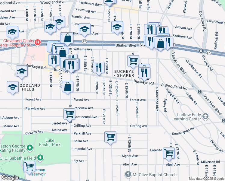 map of restaurants, bars, coffee shops, grocery stores, and more near 2915 East 123rd Street in Cleveland