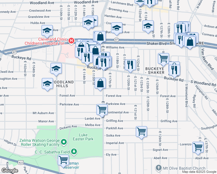 map of restaurants, bars, coffee shops, grocery stores, and more near 2917 East 117th Street in Cleveland
