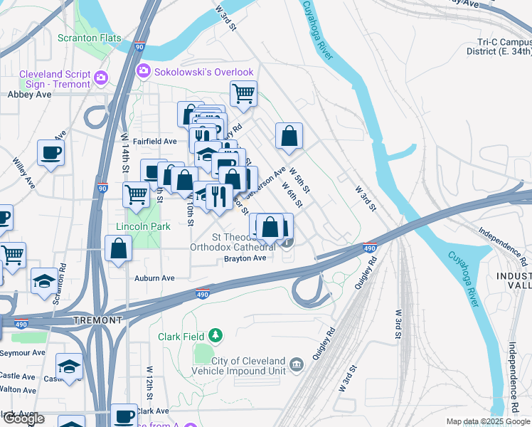 map of restaurants, bars, coffee shops, grocery stores, and more near 2464 West 7th Street in Cleveland