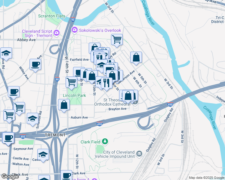 map of restaurants, bars, coffee shops, grocery stores, and more near 846 Jefferson Avenue in Cleveland