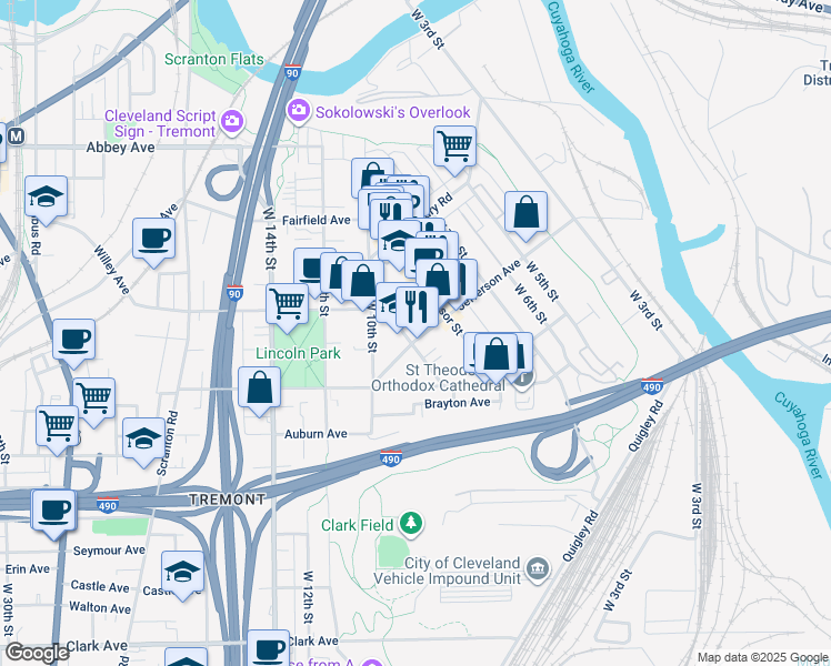 map of restaurants, bars, coffee shops, grocery stores, and more near 846 Jefferson Avenue in Cleveland