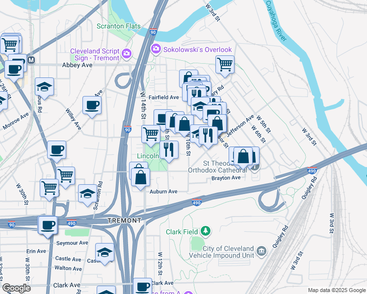 map of restaurants, bars, coffee shops, grocery stores, and more near 1023 Kenilworth Avenue in Cleveland
