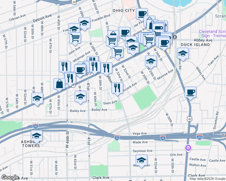 map of restaurants, bars, coffee shops, grocery stores, and more near 3405 Chatham Avenue in Cleveland