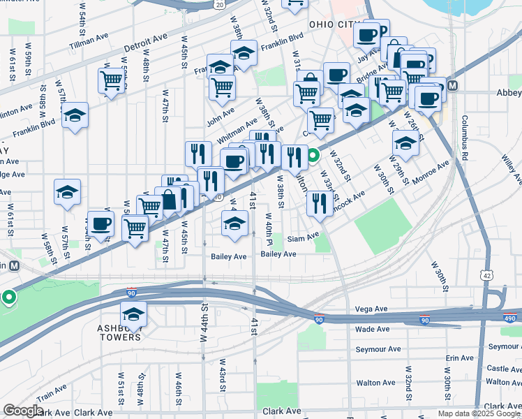map of restaurants, bars, coffee shops, grocery stores, and more near 2067 West 41st Street in Cleveland