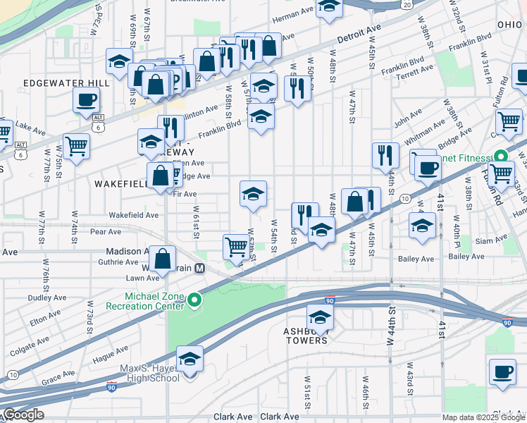 map of restaurants, bars, coffee shops, grocery stores, and more near 5512 Courtland Court in Cleveland