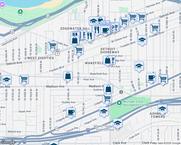 map of restaurants, bars, coffee shops, grocery stores, and more near 1921 West 71st Street in Cleveland