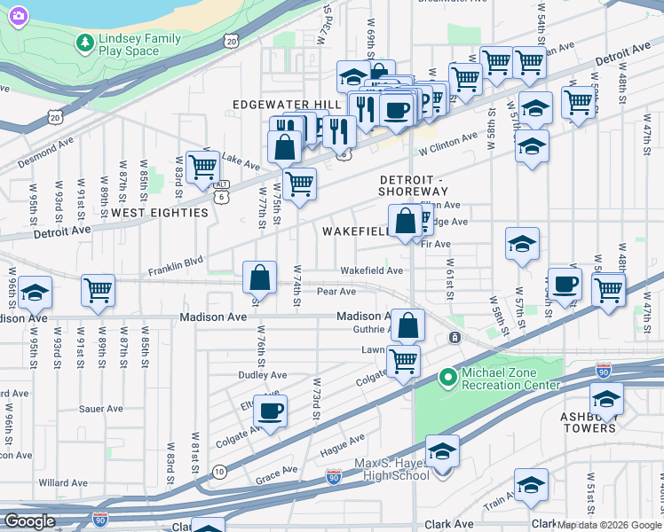 map of restaurants, bars, coffee shops, grocery stores, and more near 1921 West 71st Street in Cleveland