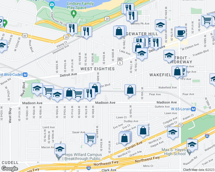 map of restaurants, bars, coffee shops, grocery stores, and more near in Cleveland