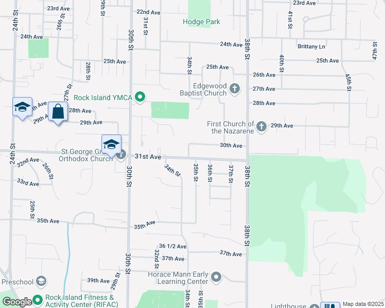 map of restaurants, bars, coffee shops, grocery stores, and more near 3410 30th Avenue in Rock Island