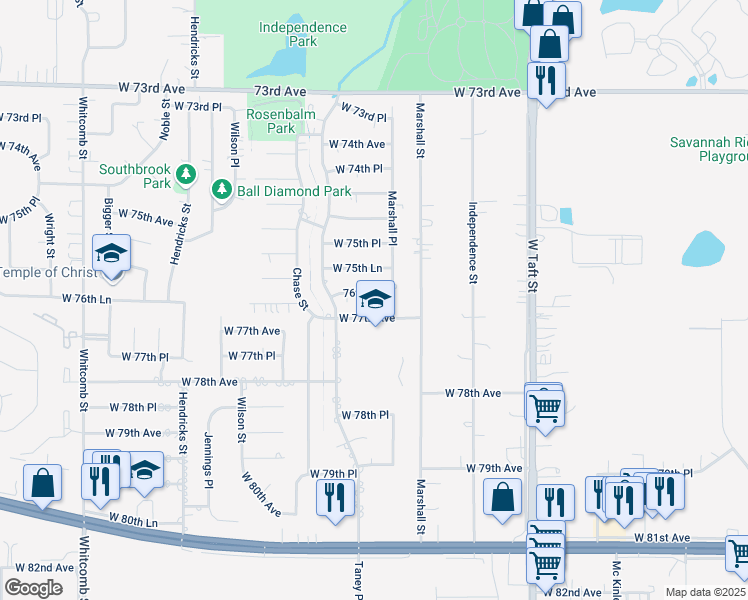map of restaurants, bars, coffee shops, grocery stores, and more near 2918 West 76th Lane in Merrillville