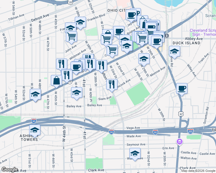 map of restaurants, bars, coffee shops, grocery stores, and more near 3405 Chatham Avenue in Cleveland