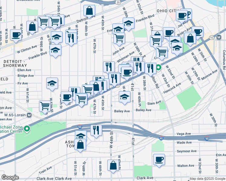 map of restaurants, bars, coffee shops, grocery stores, and more near 1990 West 44th Street in Cleveland