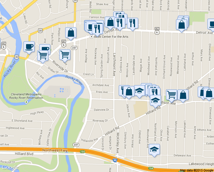 map of restaurants, bars, coffee shops, grocery stores, and more near 17323 Archdale Ave in Lakewood