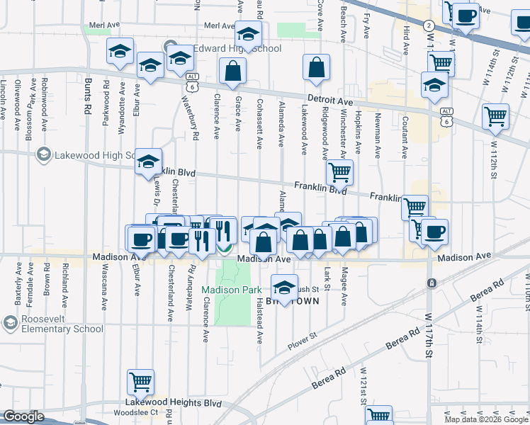 map of restaurants, bars, coffee shops, grocery stores, and more near 1581 Cohassett Avenue in Lakewood