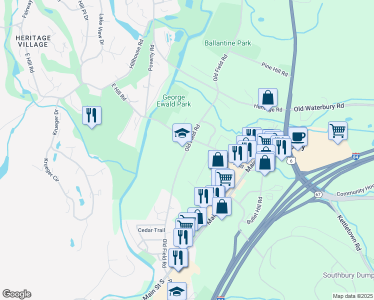 map of restaurants, bars, coffee shops, grocery stores, and more near 307 Old Field Road in Southbury