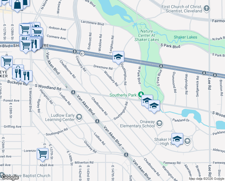 map of restaurants, bars, coffee shops, grocery stores, and more near 2890 Woodbury Road in Shaker Heights