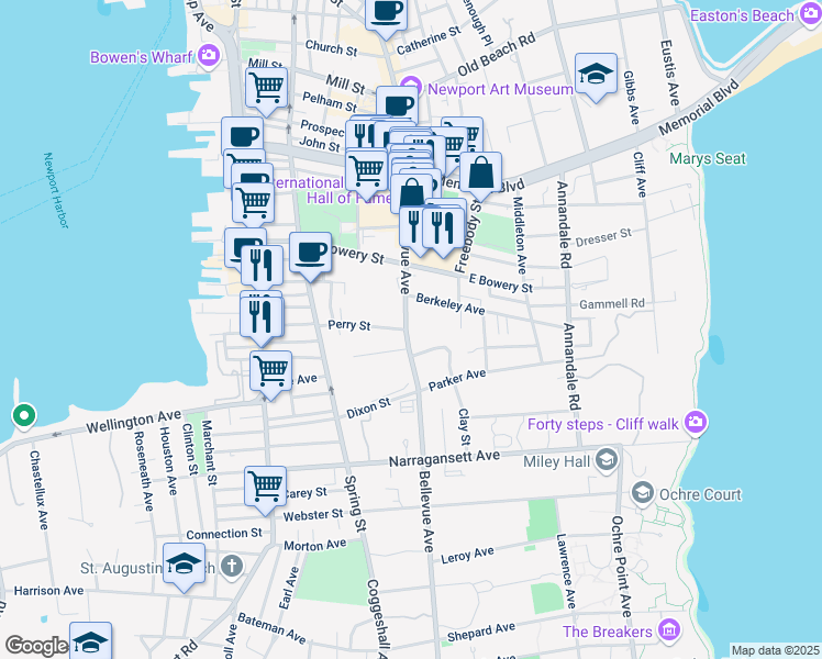 map of restaurants, bars, coffee shops, grocery stores, and more near 364 Bellevue Avenue in Newport