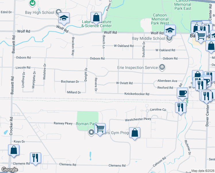 map of restaurants, bars, coffee shops, grocery stores, and more near 28602 West Oviatt Road in Bay Village
