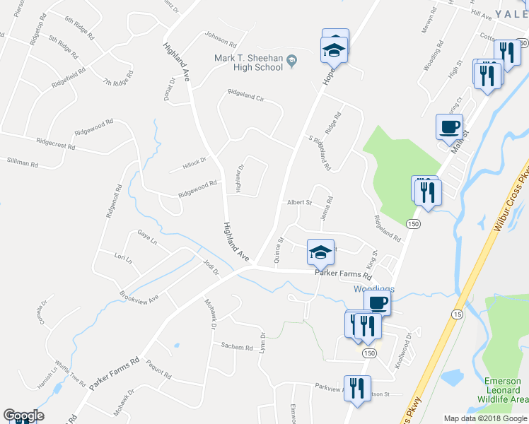 map of restaurants, bars, coffee shops, grocery stores, and more near 32 Hope Hill Road in Wallingford