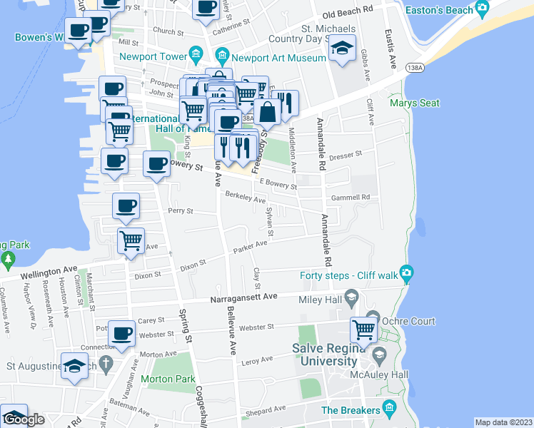 map of restaurants, bars, coffee shops, grocery stores, and more near 27 Berkeley Avenue in Newport