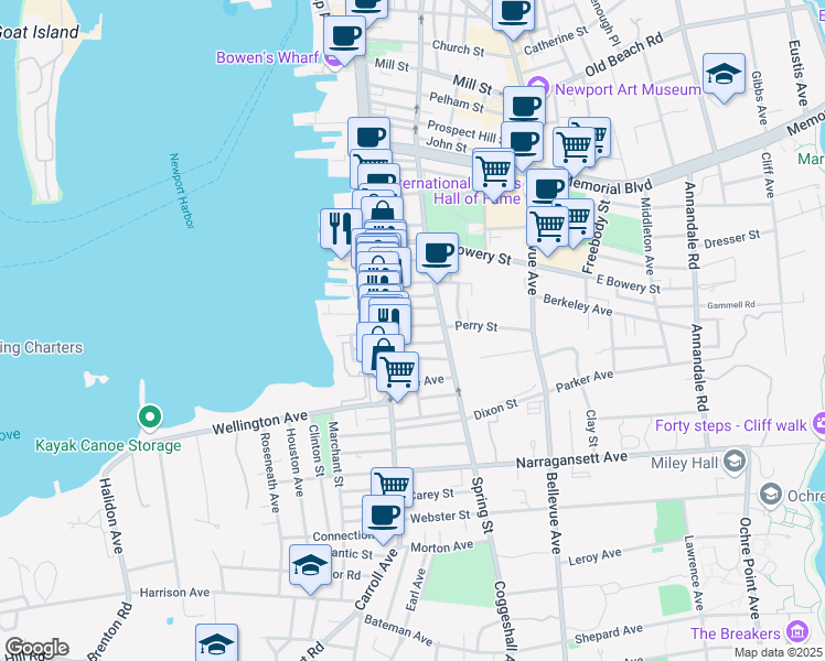 map of restaurants, bars, coffee shops, grocery stores, and more near 33 South Baptist Street in Newport