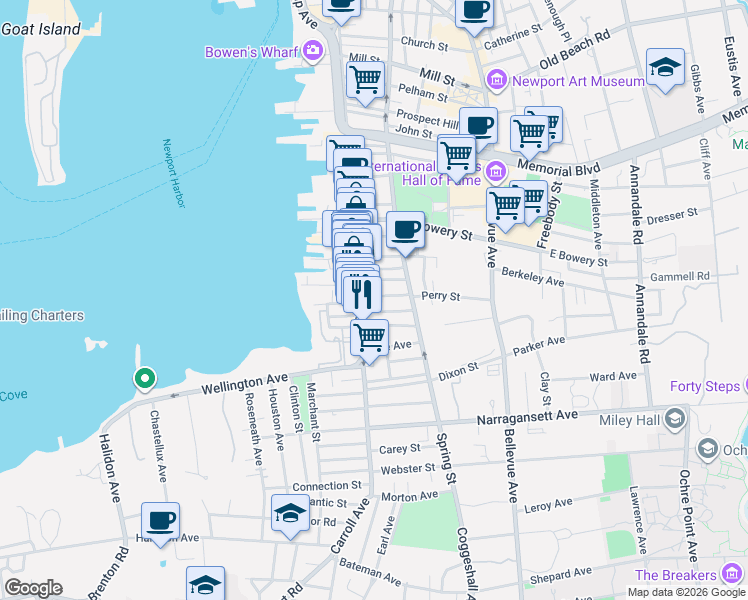 map of restaurants, bars, coffee shops, grocery stores, and more near 33 South Baptist Street in Newport