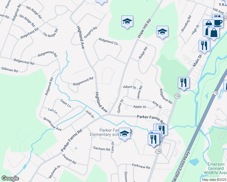 map of restaurants, bars, coffee shops, grocery stores, and more near 38 Hope Hill Road in Wallingford