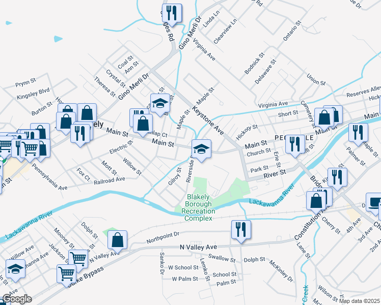 map of restaurants, bars, coffee shops, grocery stores, and more near 300-326 Oak Street in Blakely