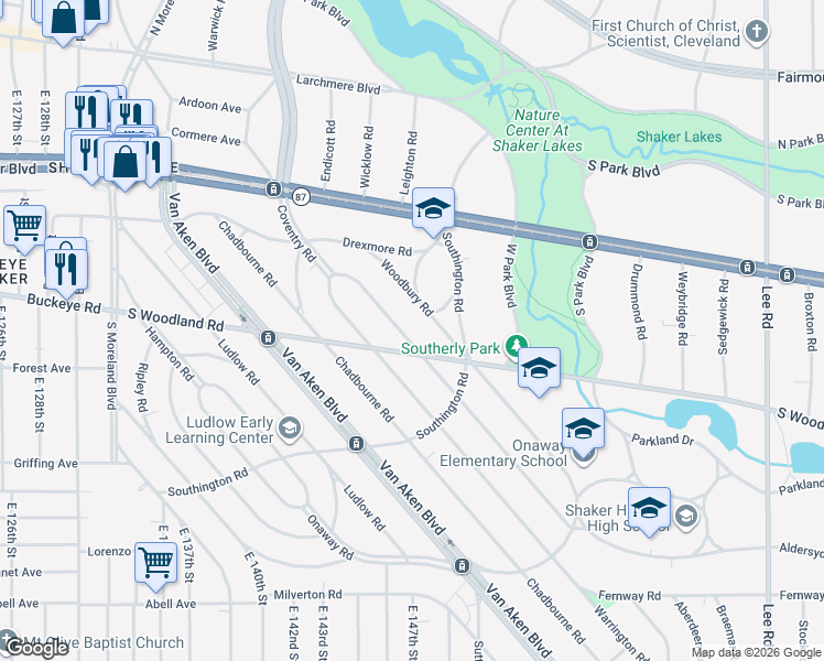 map of restaurants, bars, coffee shops, grocery stores, and more near 2890 Woodbury Road in Shaker Heights
