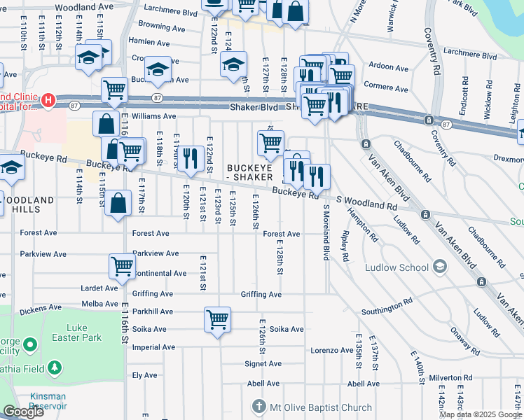 map of restaurants, bars, coffee shops, grocery stores, and more near 12704 Buckeye Road in Cleveland