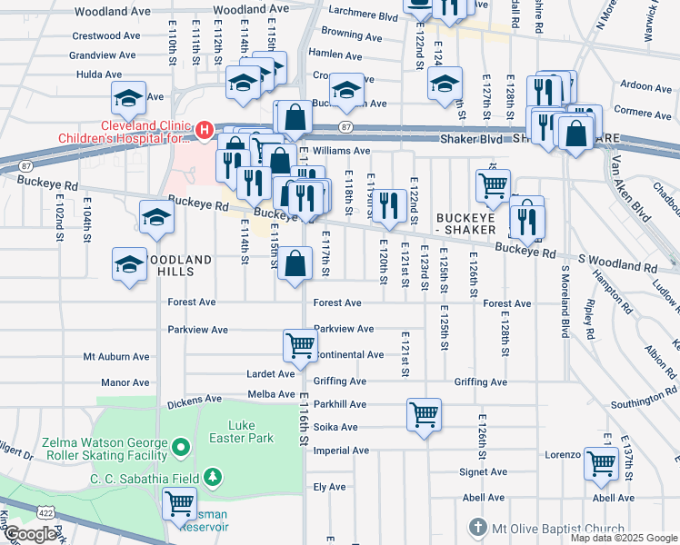 map of restaurants, bars, coffee shops, grocery stores, and more near 2917 East 117th Street in Cleveland