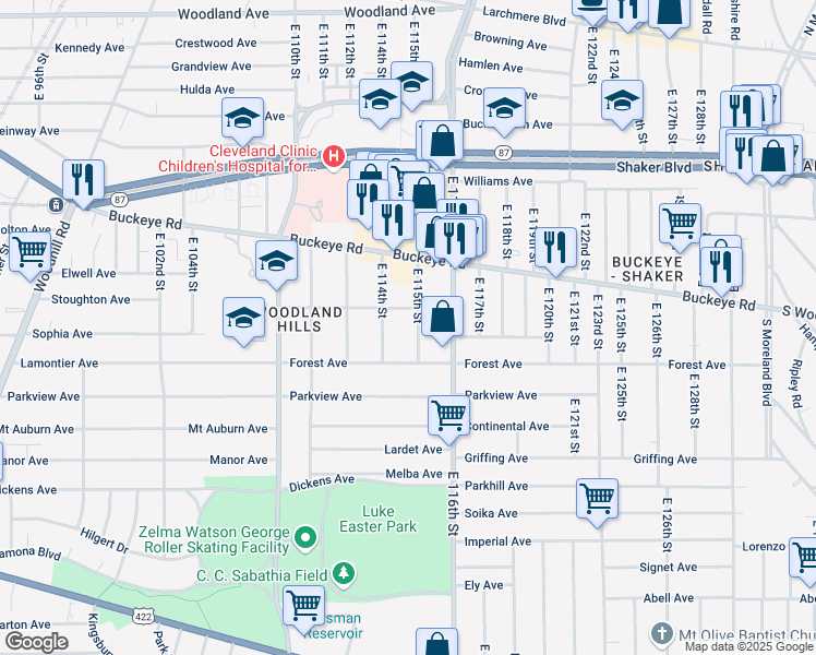 map of restaurants, bars, coffee shops, grocery stores, and more near 2918 East 115th Street in Cleveland