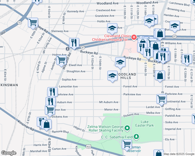 map of restaurants, bars, coffee shops, grocery stores, and more near 2916 East 104th Street in Cleveland