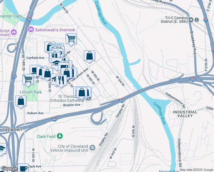 map of restaurants, bars, coffee shops, grocery stores, and more near 422 Leedy Court in Cleveland
